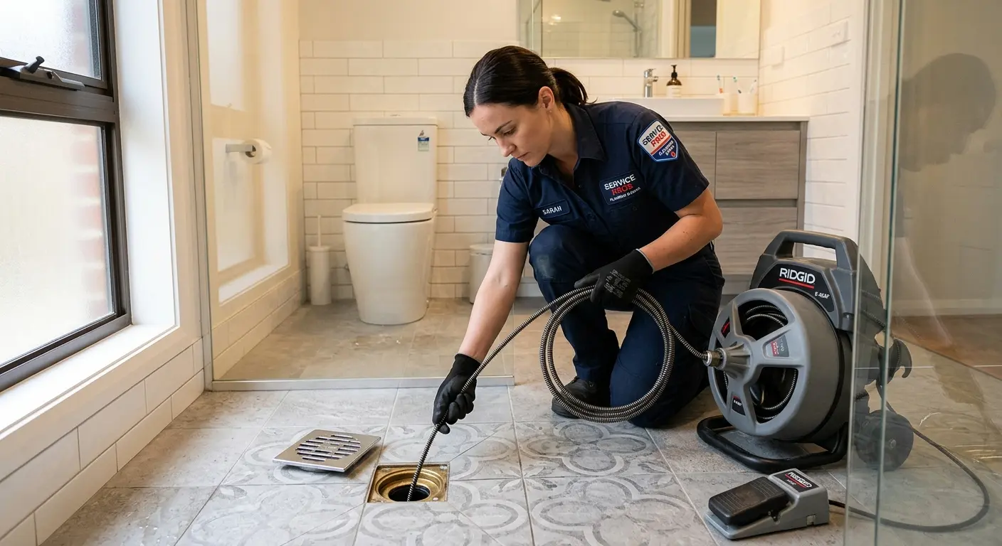 Technician clearing a bathroom floor drain for Hydro Jetting in Heeia